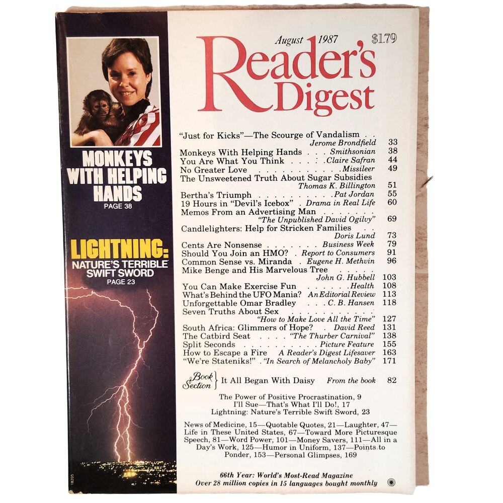 Reader's Digest August 1987 Vintage Magazine - UFO Mania & Omar Bradley